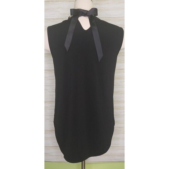 41 Hawthorn Women's Black Drape Front Blouse With Ribbon Tie Neck Sheer Front - Picture 2 of 11